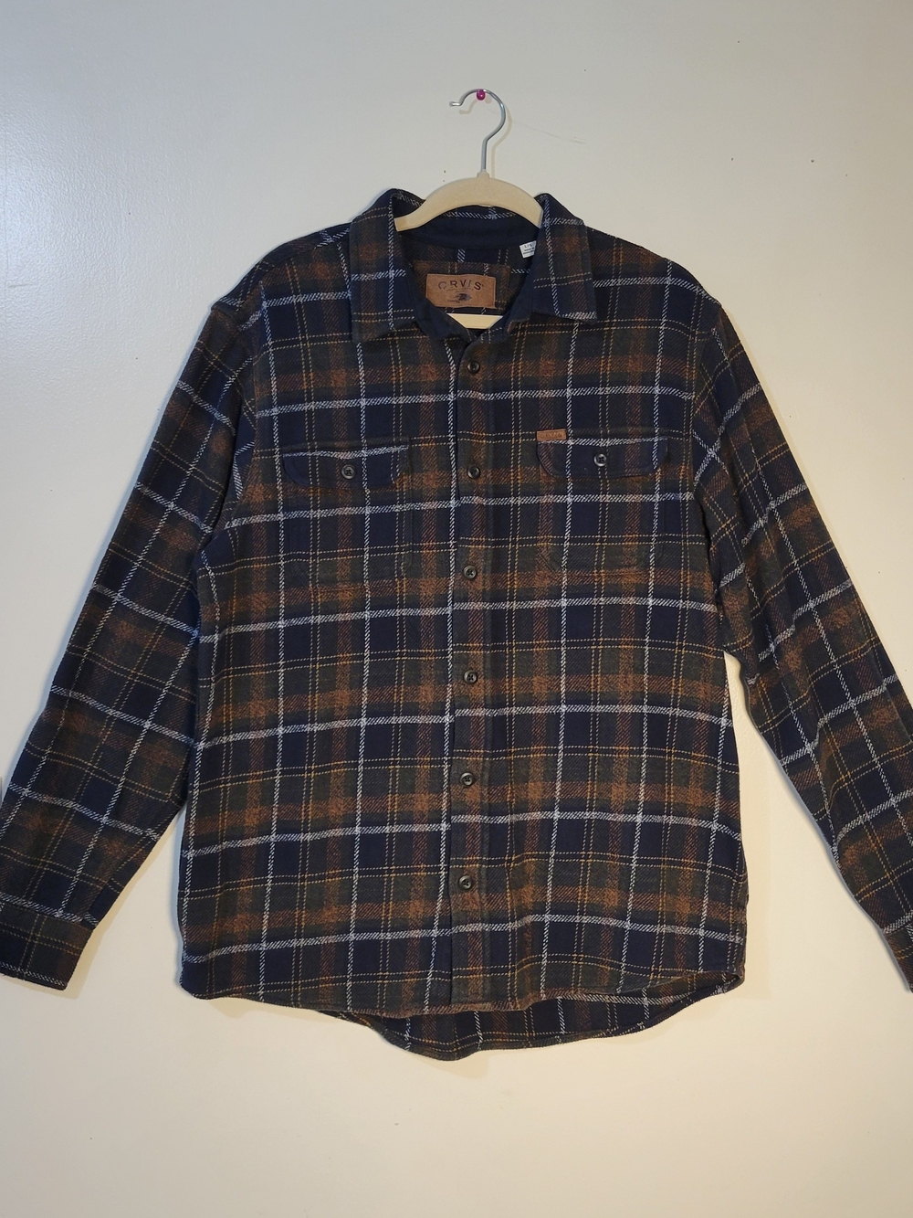 Orvis Men's L "Spread Collar" Navy Brown Plaid Button-Up Cotton Flannel Shirt